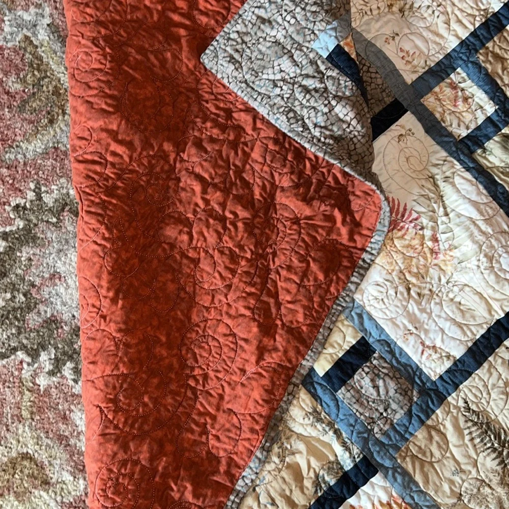 Handmade Patchwork throw Quilt with Earth Tones Ferns Fall 48” x 68”
